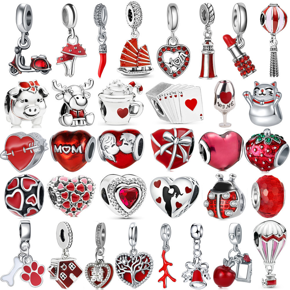 The New Popular 925 Sterling Silver Suspension Cute Red Cat Heart Pendant Is Suitable for Primitive Charm DIY Bracelet Necklace Accessories Jewelry