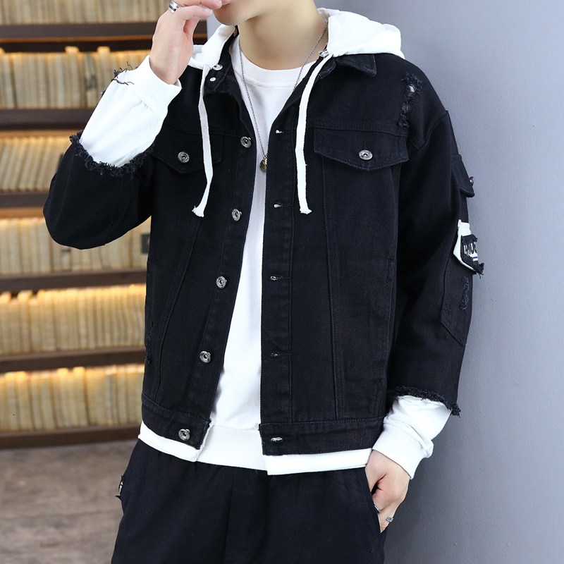 Men's Jackets Men Autumn Hooded Men Jean Jackets Pink Cotton Holes Denim Coats Streetwear Clothing Outwear 230225