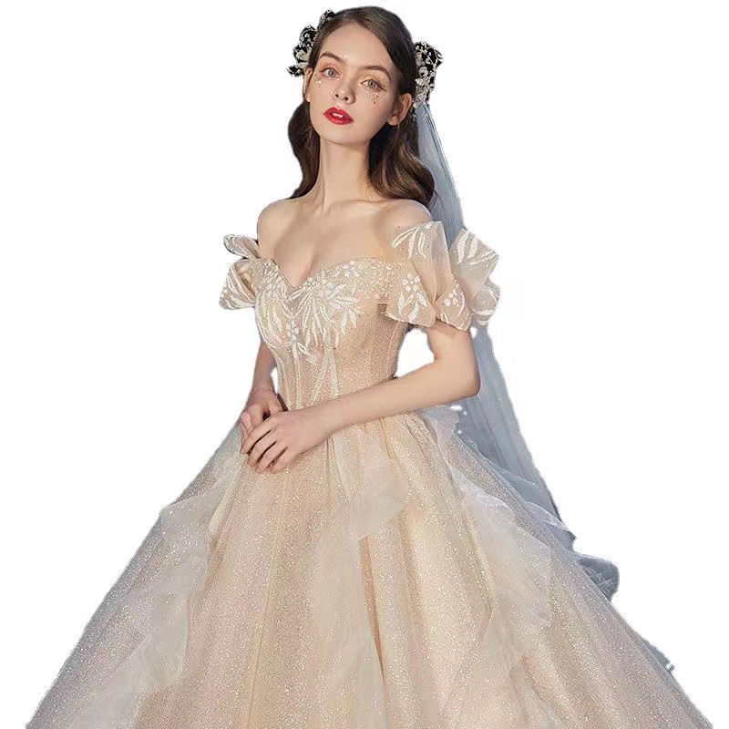 Sparkling a line Wedding Dress Sleeveless Bateau Strapless Appliques Lace long train Sequins Beads Hollow Illusion Custom Made Ruffles Bridal Floor Le