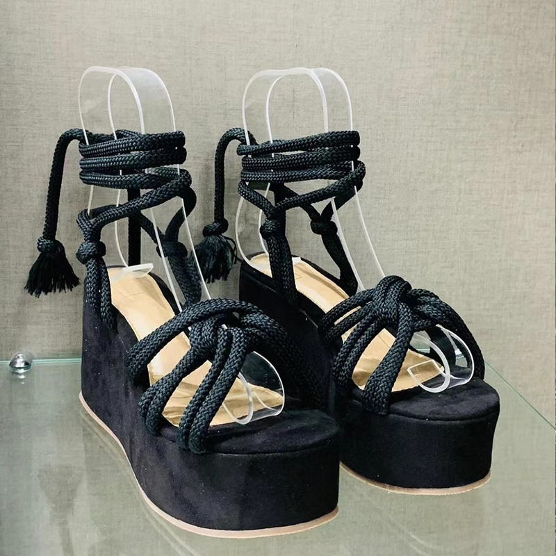 Sandals Summer Plus Size Platform Wedge Strappy Sandals Women Fashion Round Toe Cross Tied Height Increase Open Toe Women Sandals 230225