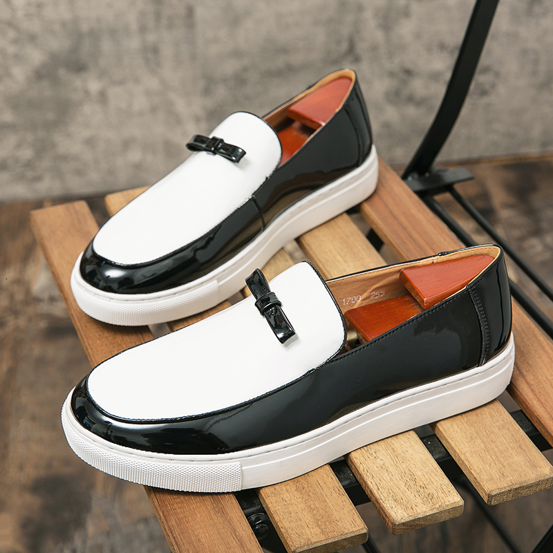 Dress Shoes Men Vulcanized Black White SlipOn Loafers Patent Leather for Casual Chaussures Pour Hommes 230224