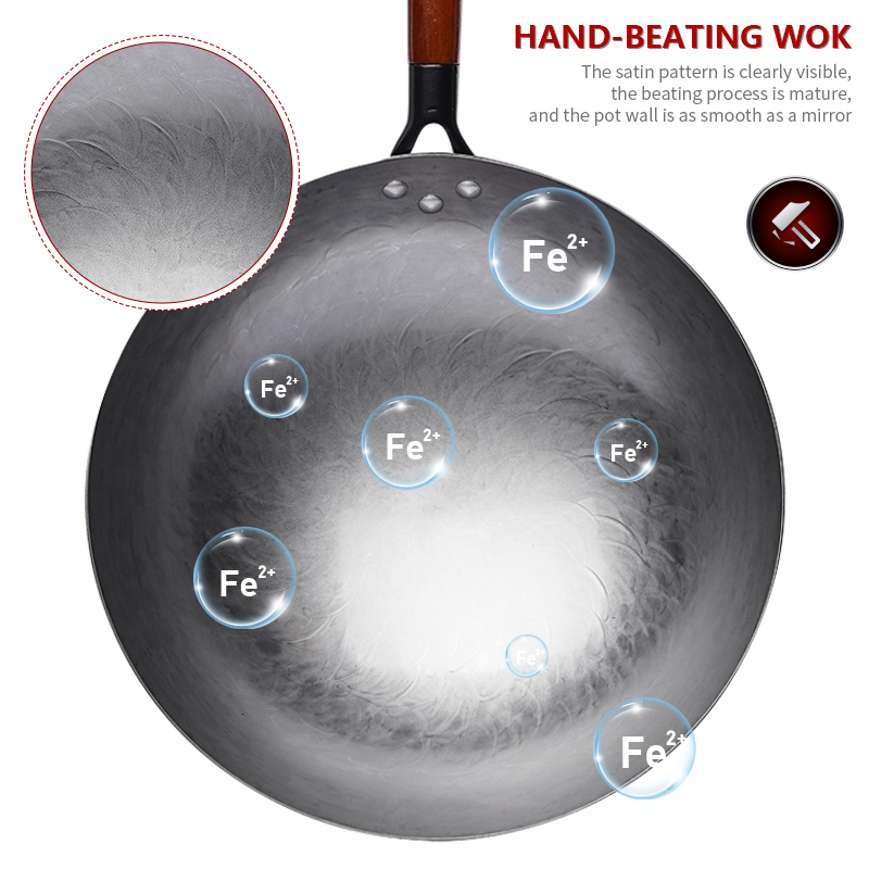Pans Traditional iron wok Non coating Woks Hand forged For Kitchen PanWooden Handle Wok Gas Pot Cookware 230224