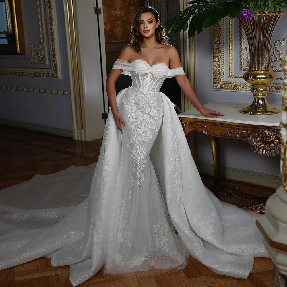 Elegant Mermaid Wedding Dresses Sequined Bridal Gowns With Detachable Train Off The Shoulder Necke Tulle Plus Size Vestido De Novia