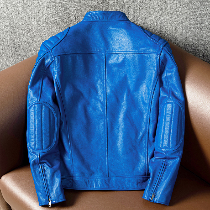 Men's Jackets . Rider genuine leather jacket.Cool blue slim short cowhide coat.fashion young leather cloth.wholesales 230225