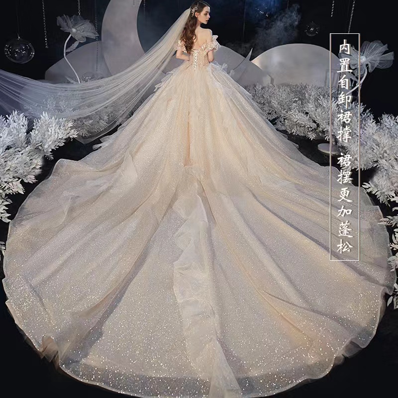 Sparkling a line Wedding Dress Sleeveless Bateau Strapless Appliques Lace long train Sequins Beads Hollow Illusion Custom Made Ruffles Bridal Floor Le