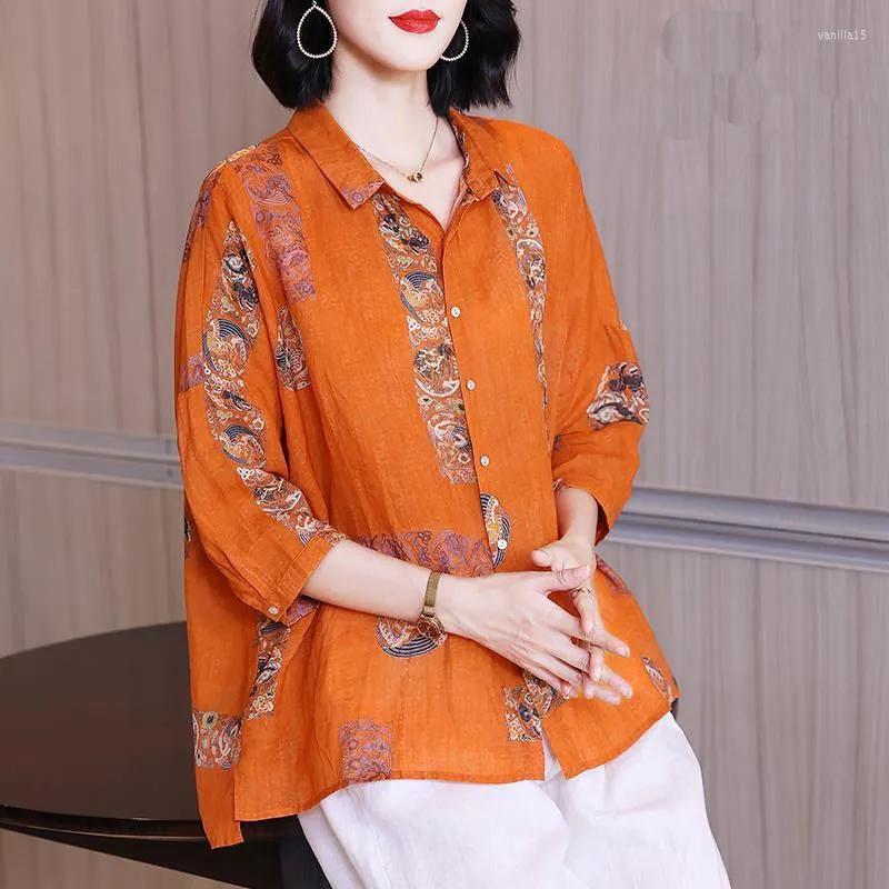 Women's Blouses Summer Cotton Linen Femme Shirts Elegant Korean Fashion Print Loose Tops Casual Vintage Women Lapel Wild Ethnic Harajuku, Orange 
Women's Blouses Summer Cotton Linen Femme Shirts Elegant Korean Fashion Print Loose Tops Casual Vintage Women Lapel Wild Ethnic Harajuku, Orange