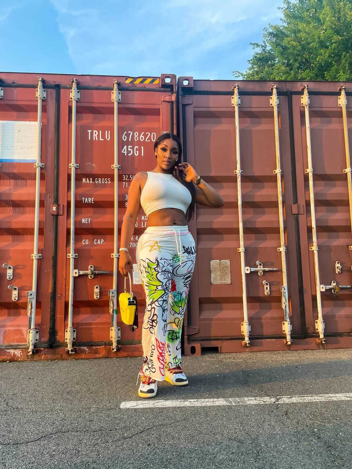 Women's pants personalized graffiti style printing loose binding wide leg casual harem flare plus sizes