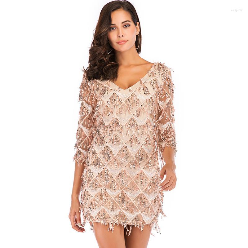 Party Dresses Sequin Fringed Beads Dress 1/2 Sleeve Women Sexy Apricot Hollow Plaid Sequins Clubwear Vestidos Leisure Evening V-neck
Party Dresses Sequin Fringed Beads Dress 1/2 Sleeve Women Sexy Apricot Hollow Plaid Sequins Clubwear Vestidos Leisure Evening V-neck