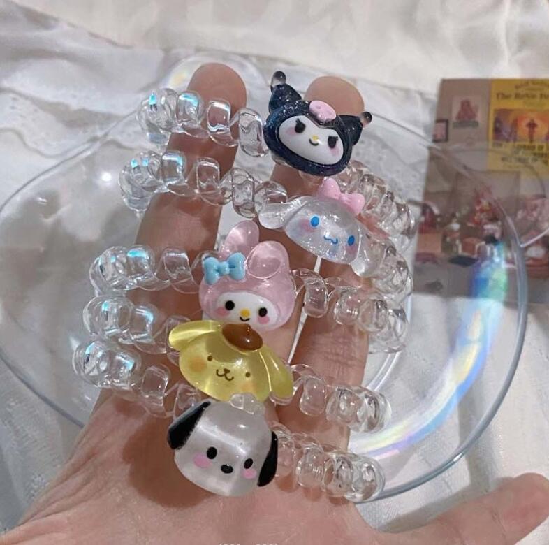 Kuromi Style Telephone Wire Cord Gum Hair Tie Girls Transparent Elastic Hair Band Ring Rope Bracelet Stretchy Scrunchy
