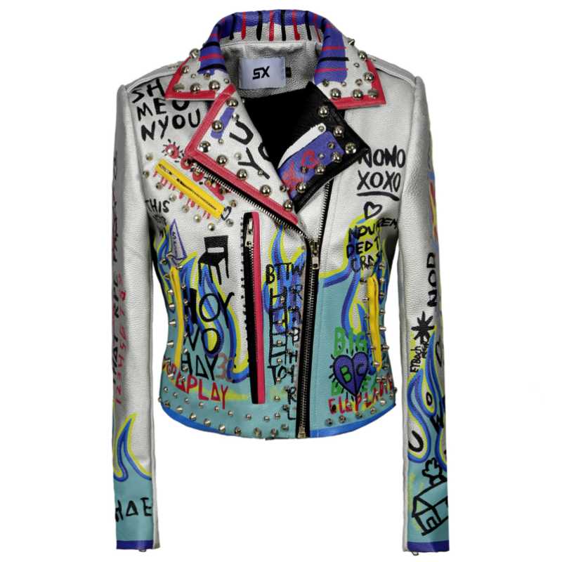 Women' Leather & Faux Plus Size 5XL!PU Jacket Women Print Graffiti Rivets Coats Punk Motorcycle Silver, As photo
Women' Leather & Faux Plus Size 5XL!PU Jacket Women Print Graffiti Rivets Coats Punk Motorcycle Silver, As photo