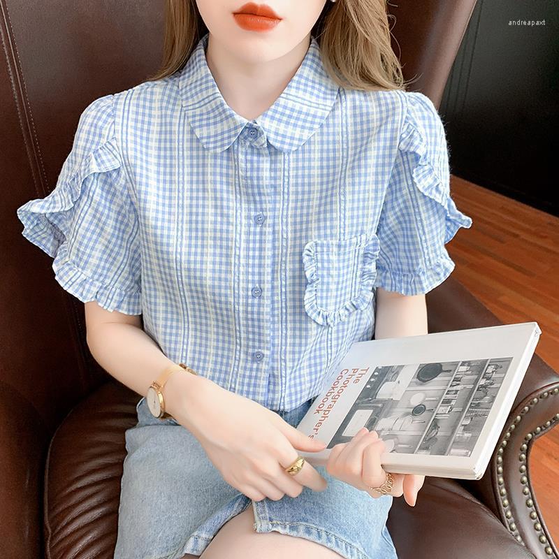 Women' Blouses Blue Plaid Shirt Women' Short -sleeved Female 2023 POLO Collar Bubble Sleeve Casual Cute Blouse Top
Women' Blouses Blue Plaid Shirt Women' Short -sleeved Female 2023 POLO Collar Bubble Sleeve Casual Cute Blouse Top