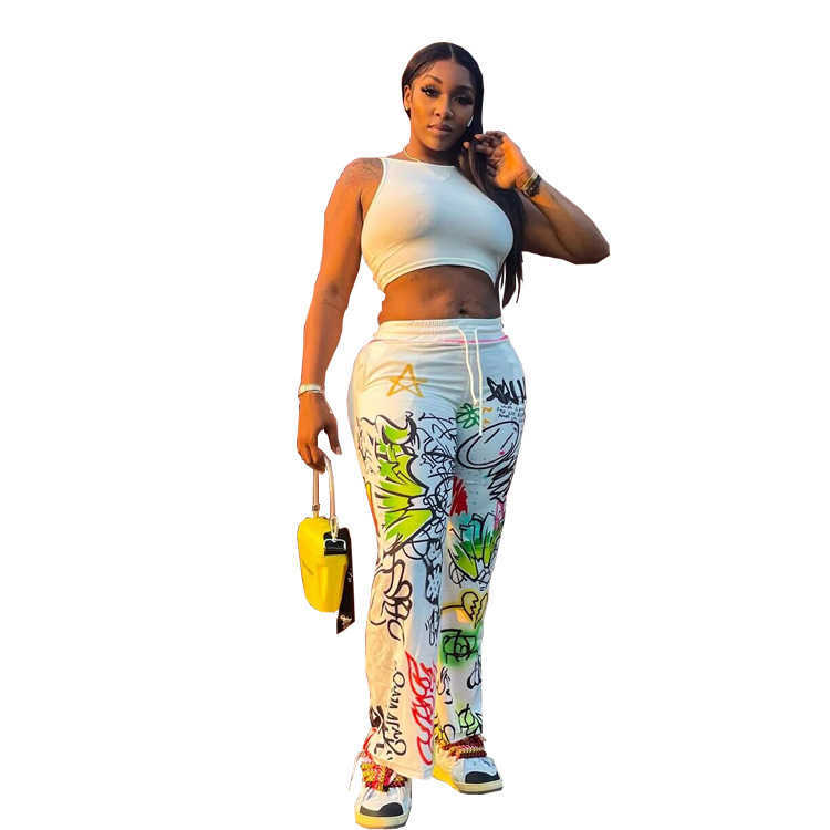 Women's pants personalized graffiti style printing loose binding wide leg casual harem flare plus sizes