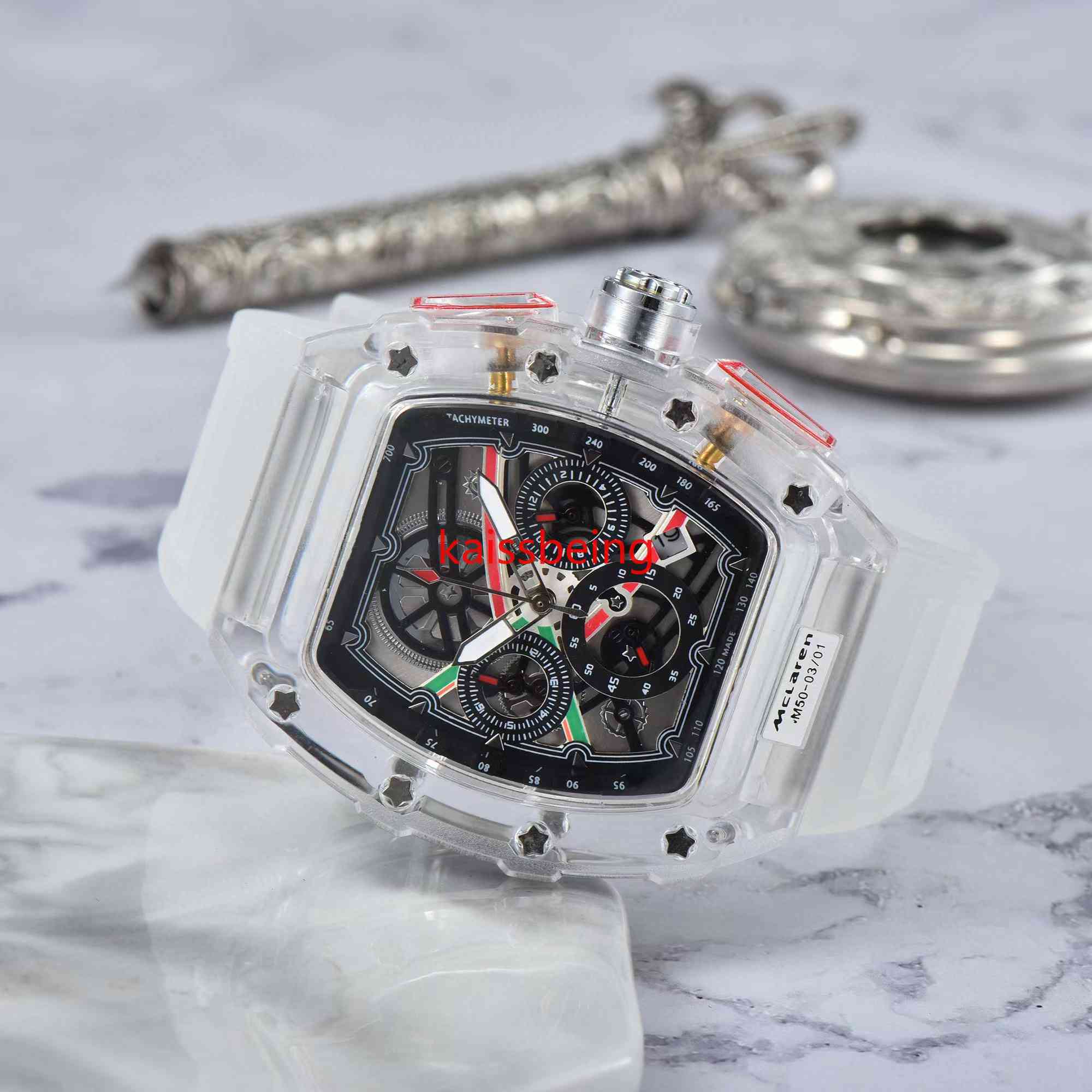 Mens Watch Luxury Designer Sport Watches Fashion Transparent case 44mm Chronograph Wristwatches Silicone Strap Quartz Men Clock, B8
Mens Watch Luxury Designer Sport Watches Fashion Transparent case 44mm Chronograph Wristwatches Silicone Strap Quartz Men Clock, B8