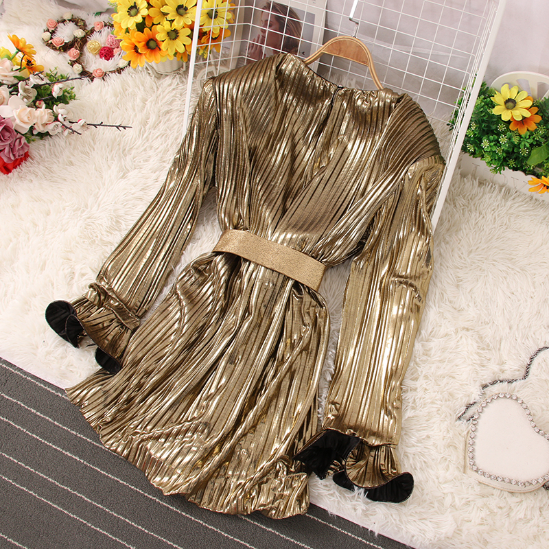 Elegant Party Dress Women Ruffles Pleated Dresses Clothes Fashion Tunic Mini Woman Dress Long Sleeve Vestidos Robe 2024
