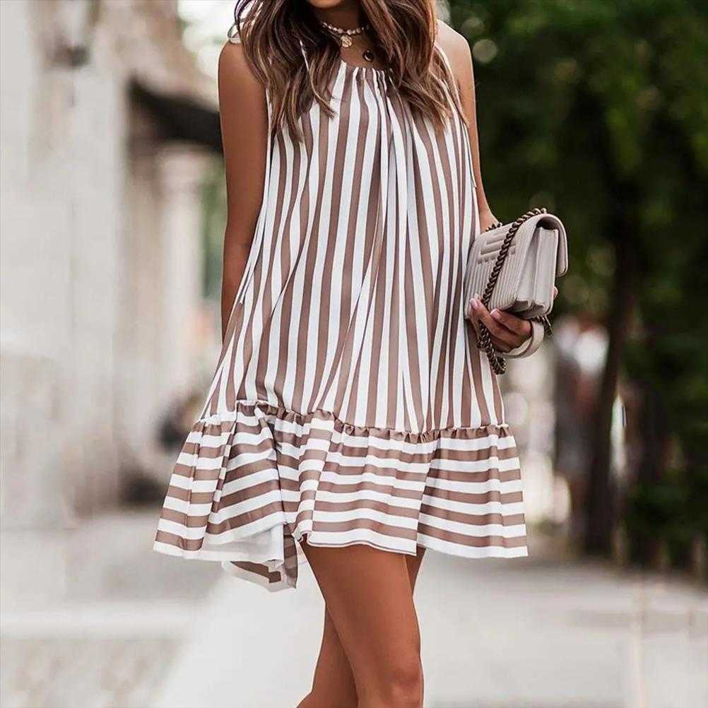 Summer Striped Printed Strap Stitching Casual Polyester Dress