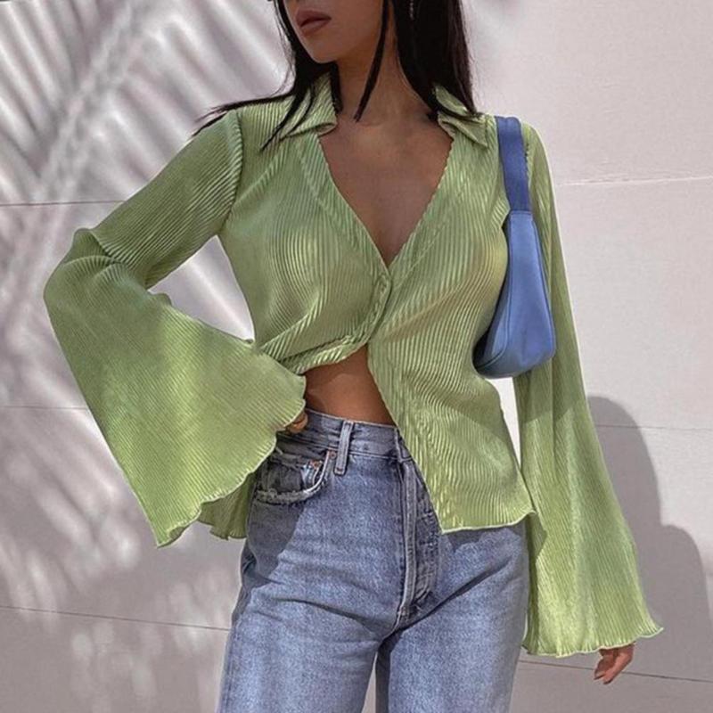 Women' T Shirts Women Shirt Blouse Elegant Woman Top Solid Color Flare Sleeve Autumn V Neck Single Breasted Streetwear Tops 2023, Green
Women' T Shirts Women Shirt Blouse Elegant Woman Top Solid Color Flare Sleeve Autumn V Neck Single Breasted Streetwear Tops 2023, Green