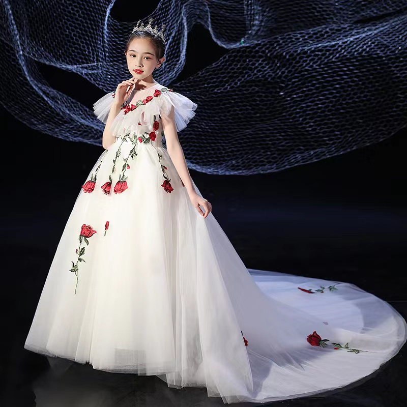 2023 Flower Girl Dresses for Wedding Lace Beads 3D Floral Appliqued Little Girls Pageant Dresses Party Gowns Princess Wear First Communion Dress