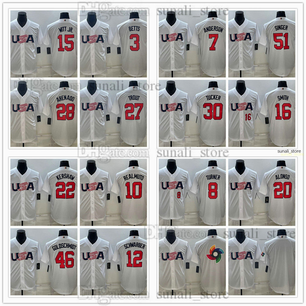 2023 World Cup USA Baseball Jerseys 3 Mookie Betts 15 Bobby Witt Jr. 27 Mike Trout 28 Nolan Arenado 22 Clayton Kershaw 10 J.T. Realmuto 46 Paul Goldschmidt 12 Kyle Schwarber, White
2023 World Cup USA Baseball Jerseys 3 Mookie Betts 15 Bobby Witt Jr. 27 Mike Trout 28 Nolan Arenado 22 Clayton Kershaw 10 J.T. Realmuto 46 Paul Goldschmidt 12 Kyle Schwarber, White