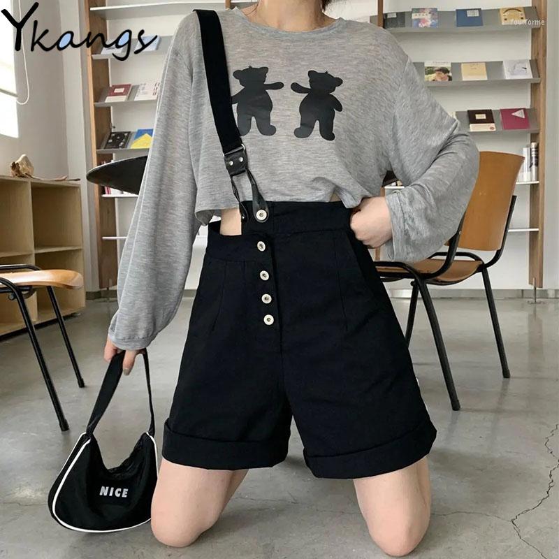 Women's Shorts Oversized Suspender Summer All-match Women's High Waist Denim Campus Style Casual Ladies Wide Leg Pants, Black