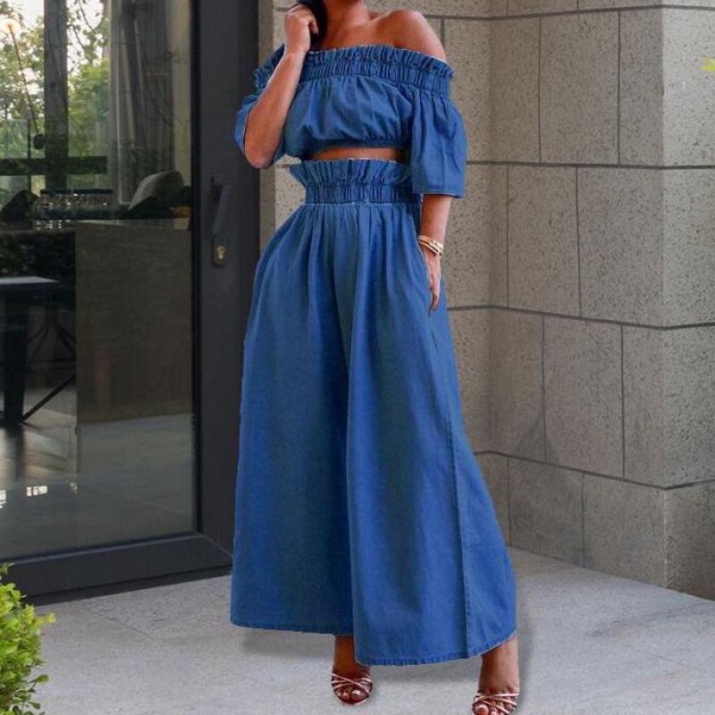 Women' Tracksuits Summer Solid Color Denim Set Off Shoulder Crop Top Loose Wide Leg Pants Suit Jeans Two Piece Casual Tracksuit Outfit, Blue
Women' Tracksuits Summer Solid Color Denim Set Off Shoulder Crop Top Loose Wide Leg Pants Suit Jeans Two Piece Casual Tracksuit Outfit, Blue
