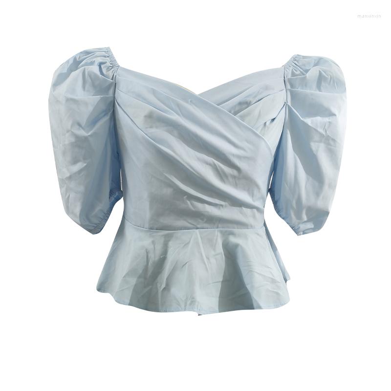 Women's Blouses Summer Cropped Slim Ruffled Pleated Open Back Puff Sleeves Shirt, Blue
Women's Blouses Summer Cropped Slim Ruffled Pleated Open Back Puff Sleeves Shirt, Blue