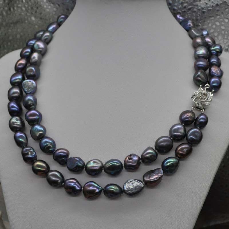 Chains Hand Knotted Beautiful 2 Row 9-11mm Black Baroque Fresh Water Cultured Pearl Necklace 43-48cm Fashion JewelryChains
Chains Hand Knotted Beautiful 2 Row 9-11mm Black Baroque Fresh Water Cultured Pearl Necklace 43-48cm Fashion JewelryChains
