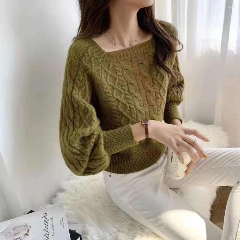 Women' Sweaters Autumn Winter Women Solid Color Pullover Long Sleeve Square Neck Fried Dough Twist Sweater Fashion Casual Loose Lady, Green 
Women' Sweaters Autumn Winter Women Solid Color Pullover Long Sleeve Square Neck Fried Dough Twist Sweater Fashion Casual Loose Lady, Green