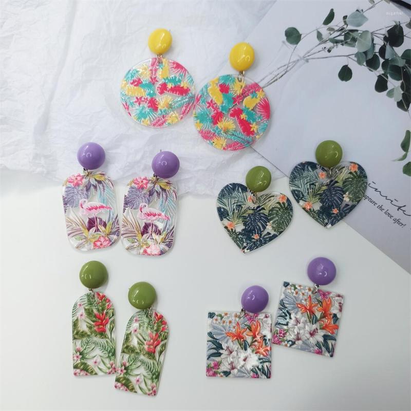 Stud Earrings Acrylic Tropical Jungle Graffiti Flowers Green Oil Painting