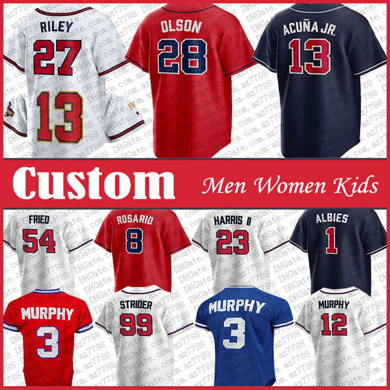27 Austin Riley Atlanta Baseball Jersey 13 Ronald Acuna Jr. Custom Braves Max Fried Matt Olson Michael Harris II Spencer Strider Sean Murphy Ozzie Albies Eddie Rosario, Shown
27 Austin Riley Atlanta Baseball Jersey 13 Ronald Acuna Jr. Custom Braves Max Fried Matt Olson Michael Harris II Spencer Strider Sean Murphy Ozzie Albies Eddie Rosario, Shown