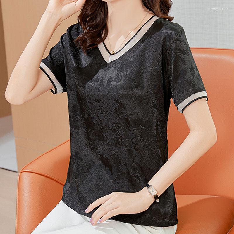 Women's Blouses Shirts Satin V-neck Short Sleeve Women's Tops And Blouse Summer Loose Korean Fashion Clothing Spliced White Black 1659
Women's Blouses Shirts Satin V-neck Short Sleeve Women's Tops And Blouse Summer Loose Korean Fashion Clothing Spliced White Black 1659