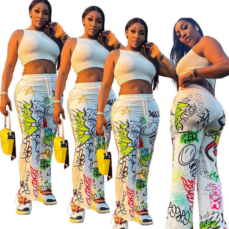 Women's pants personalized graffiti style printing loose binding wide leg casual harem flare plus sizes