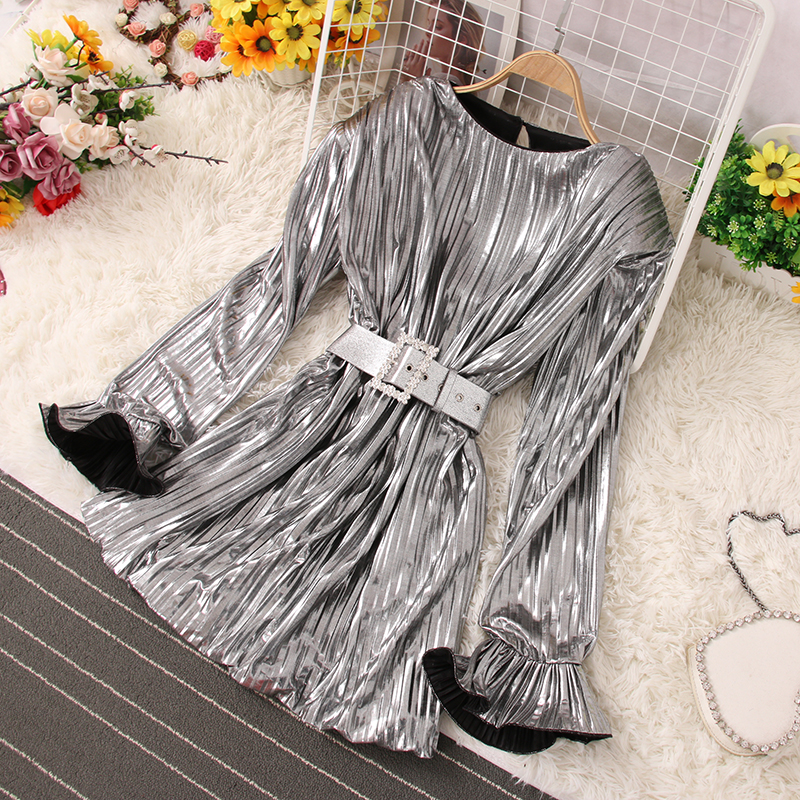 Elegant Party Dress Women Ruffles Pleated Dresses Clothes Fashion Tunic Mini Woman Dress Long Sleeve Vestidos Robe 2024
