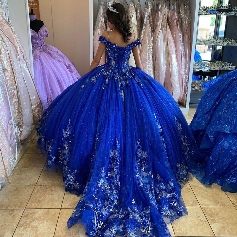 Royal Blue Quinceanera Dresses Ball Gown Sequined Beading Off The Shoulder Handmade Flowers Crystal Corset Sweet 15 Party Wear