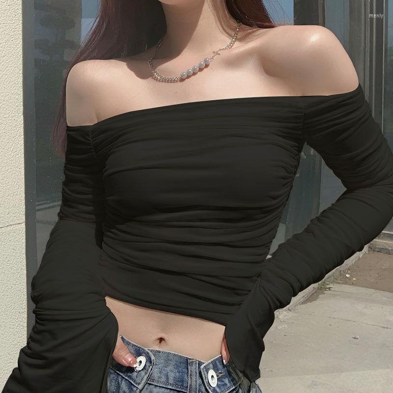 Women' T Shirts Mesh Patchwork Shirt Women Long Sleeve Crop Top Pleat Off Shoulder Bodycon Sexy Elegant Streetwear 2023 Spring Autumn, Black 
Women' T Shirts Mesh Patchwork Shirt Women Long Sleeve Crop Top Pleat Off Shoulder Bodycon Sexy Elegant Streetwear 2023 Spring Autumn, Black