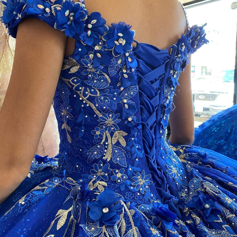 Royal Blue Quinceanera Dresses Ball Gown Sequined Beading Off The Shoulder Handmade Flowers Crystal Corset Sweet 15 Party Wear