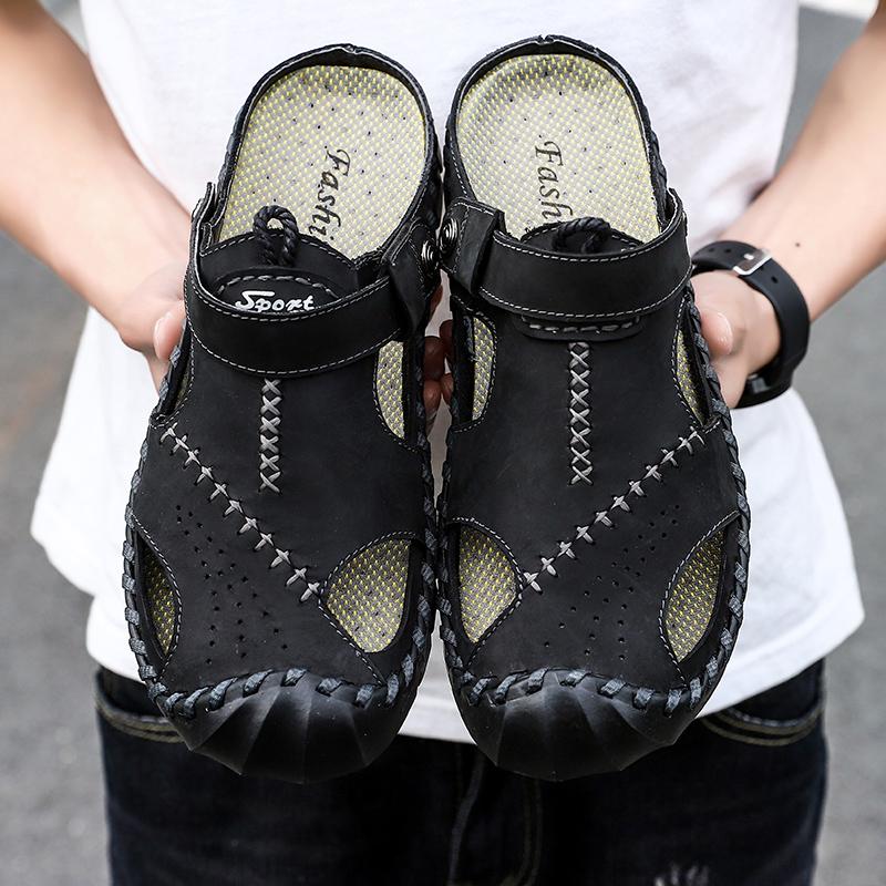 Sandals 2023 Genuine Leather Men Shoes Cow Mens Summer Men's Sandal Male, Black