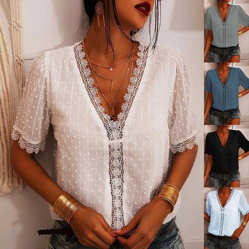 Summer Solid Color Deep V Neck Chiffon Shirt Womens Embroidered Lace Short Sleeve, White
Summer Solid Color Deep V Neck Chiffon Shirt Womens Embroidered Lace Short Sleeve, White