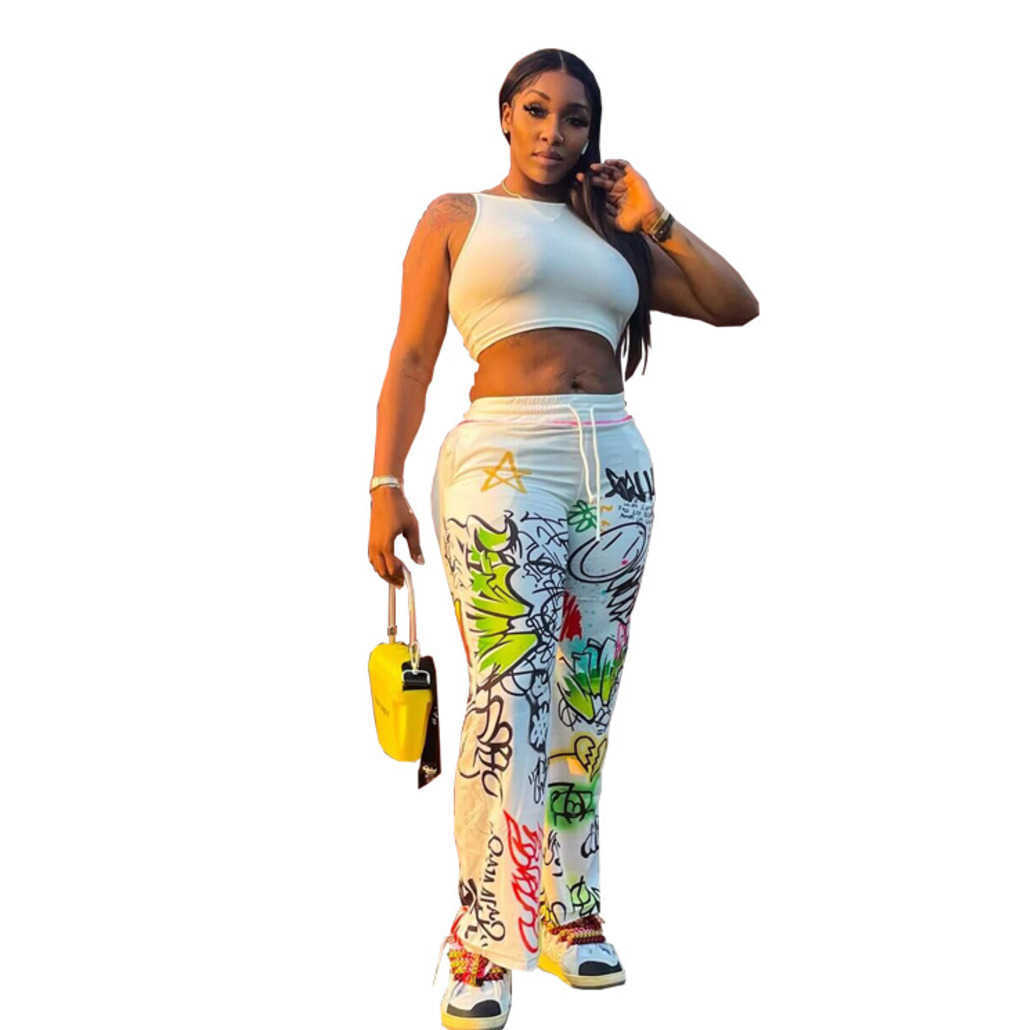 Women's pants personalized graffiti style printing loose binding wide leg casual harem flare plus sizes