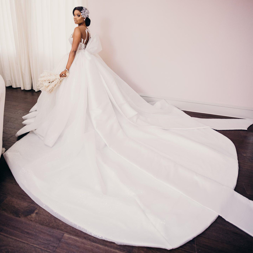 Gorgeous Mermaid Ball Wedding Dresses Bead Tulle Detachable Train Bridal Gown Illusion Neck Lace Up Back Mariages 0516