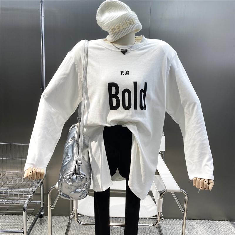 Women's Sweaters 2023 Add Thin Velvet! Split Letter Shoulder Pad Long Sleeve T-shirt Round Neck Versatile Loose Medium Length Bottoming Shir, White 
Women's Sweaters 2023 Add Thin Velvet! Split Letter Shoulder Pad Long Sleeve T-shirt Round Neck Versatile Loose Medium Length Bottoming Shir, White