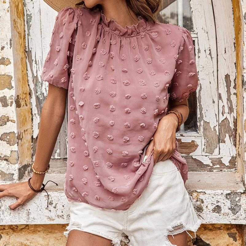 Summer Vacation Shirts Casual Short Sleeved Top Pink Round Collar Chiffon Shirt, Pink2
Summer Vacation Shirts Casual Short Sleeved Top Pink Round Collar Chiffon Shirt, Pink2