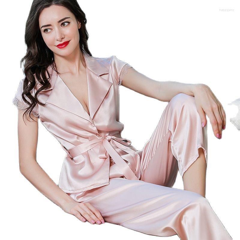 Women's Sleepwear T77188 Female Summer Girls Spring And Autumn Silk Short-sleeved Home Clothes Two Sets Women Pajamas, Beige
Women's Sleepwear T77188 Female Summer Girls Spring And Autumn Silk Short-sleeved Home Clothes Two Sets Women Pajamas, Beige