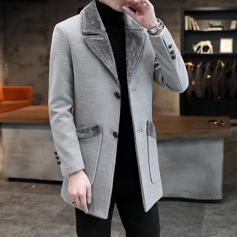 

Men's Wool Blends Autumn Winter Warm Woolen Coat Cardigan Pocket Splicing Long Sleeve SingleBreasted Turndown Collar Plush 230225, Light grey