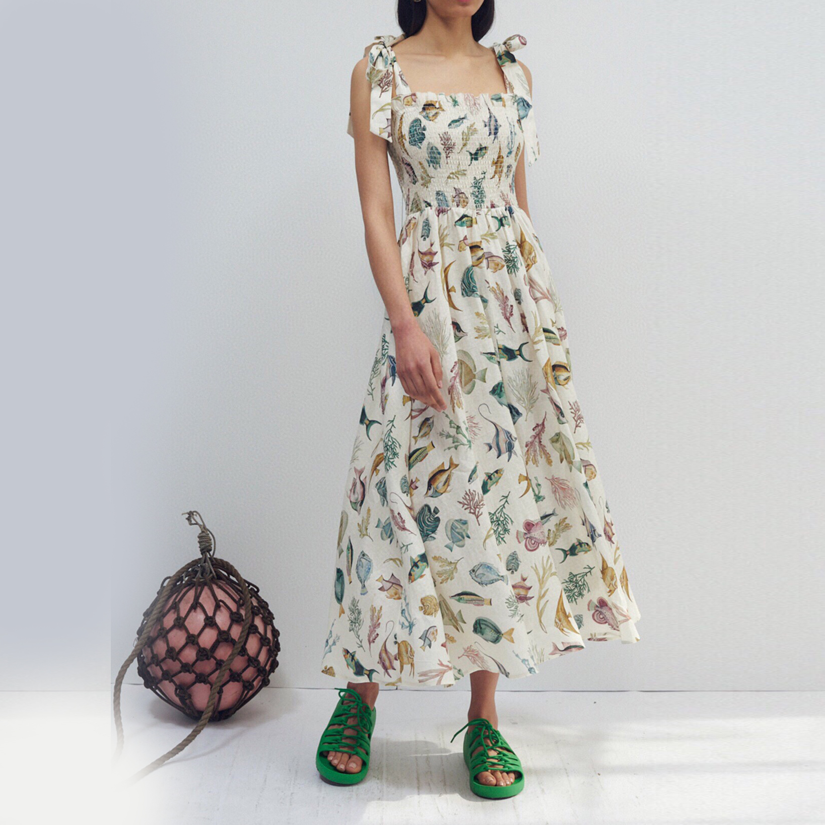 Womens dress australian designer gathered Waist white marine environment printed linen sling dress
Womens dress australian designer gathered Waist white marine environment printed linen sling dress