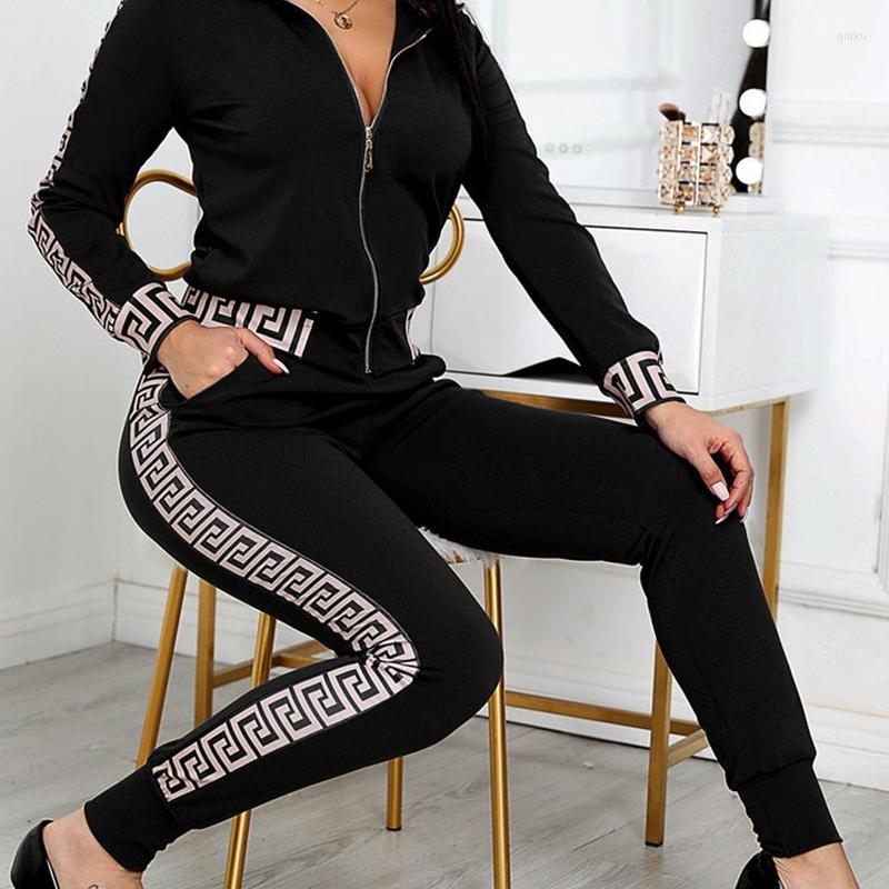 

Women' Pants 2023 Tracksuits Women Elegant Two-Pieces Suit Sets Female Stylish Greek Fret Print Coat & Pant Zip Joggers Y2k, Black