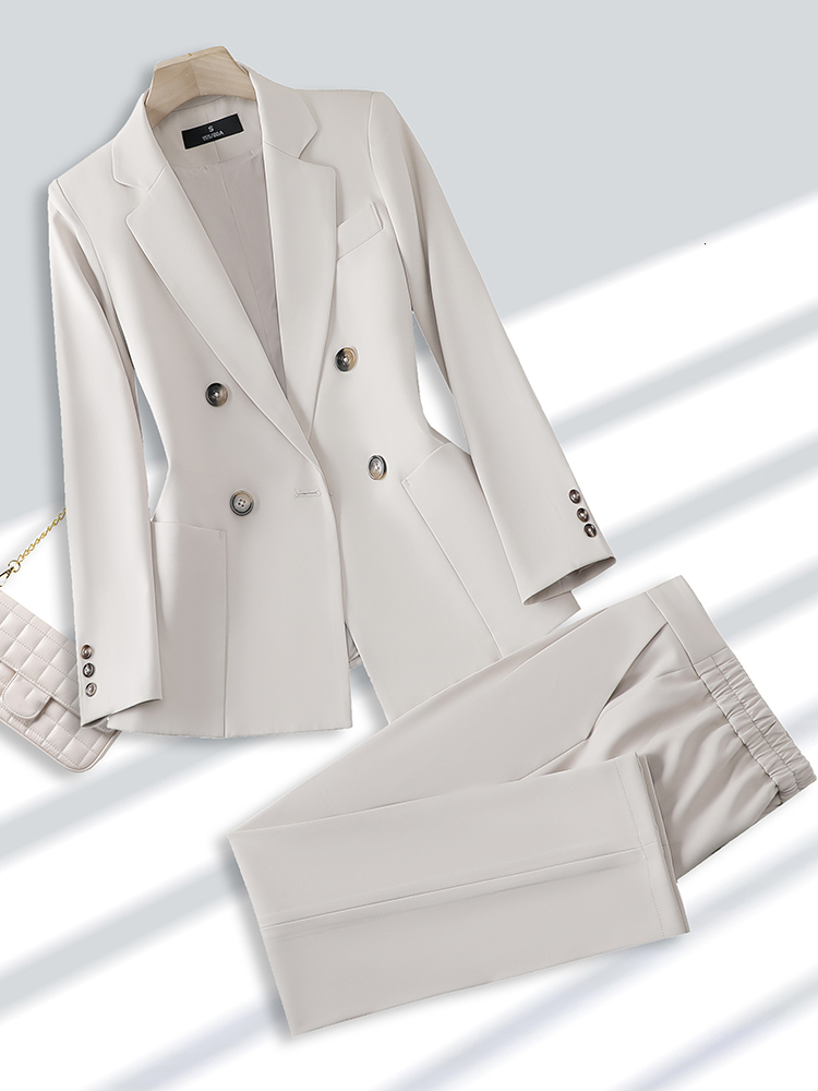 Women's Suits Blazers Fashion Ladies Pant Suit Formal Women Office Business Work Wear Blazer And Trouser Beige Black Khaki 2 Piece Set With Pocke