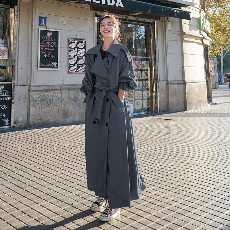 

Women' Jackets Korean Style Loose Oversized X-Long Women' Trench Coat Double-Breasted Belted Lady Cloak Windbreaker Spring Fall, Dark grey