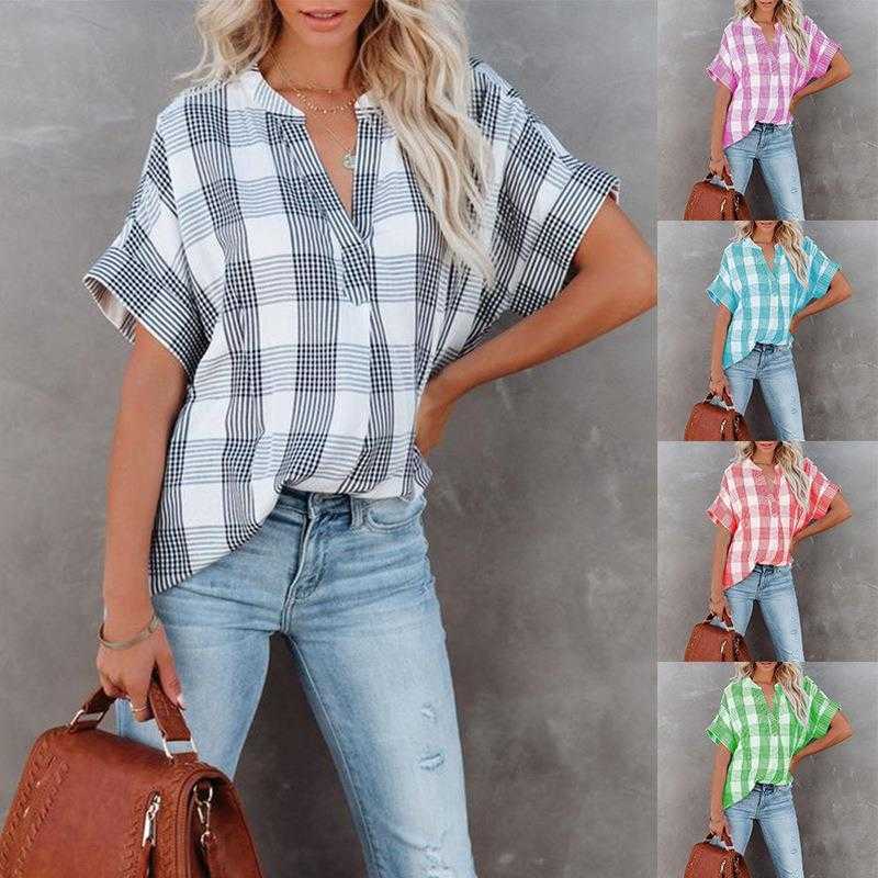 21 Autumn Short Sleeve Plaid Shirt Fashion Printed V Neck Loose Casual Womens Top, White
21 Autumn Short Sleeve Plaid Shirt Fashion Printed V Neck Loose Casual Womens Top, White