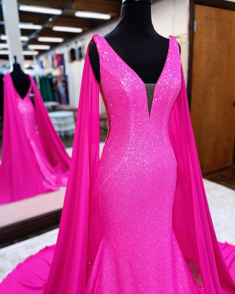 Saudi Arabic Dubai Fuchsia Sequined Mermaid Evening Dresses Plunging V Neck Evening Gown with Detachable Cape Long Formal Party Dress
Saudi Arabic Dubai Fuchsia Sequined Mermaid Evening Dresses Plunging V Neck Evening Gown with Detachable Cape Long Formal Party Dress