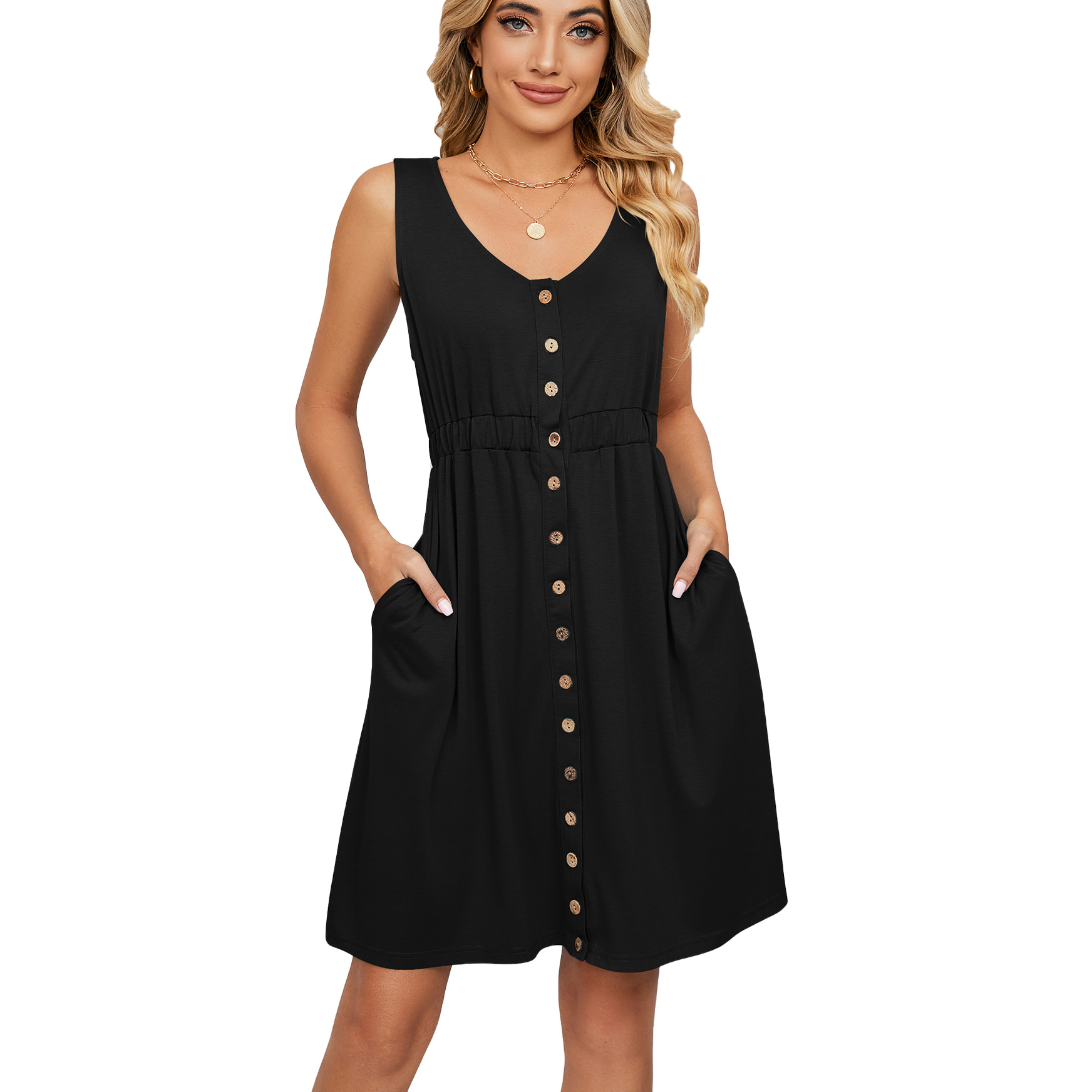 Summer Women Casual Dresses A-Line Sleeveless Button Down Elastic Waist Swing Mini Dress With Pocket, Bean green
Summer Women Casual Dresses A-Line Sleeveless Button Down Elastic Waist Swing Mini Dress With Pocket, Bean green